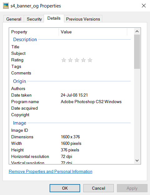 The Properties window opened at the Details tab that shows interesting metadata.