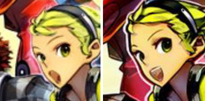 A side by side comparison of two images with a girl with an open mouth; on the second image the mouth is wider and the facial expression is more happy.
