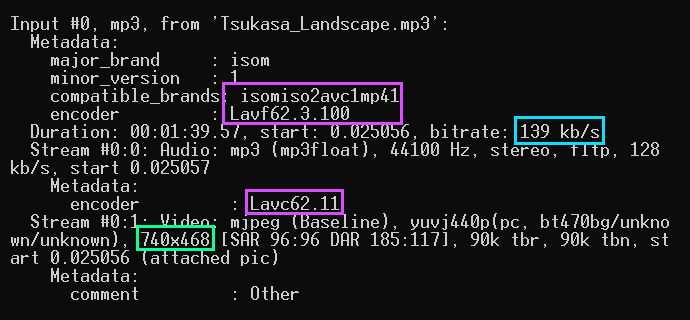 A screenshot of the command line with the output generated by the ffprobe tool.