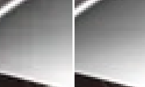 Side by side comparison of portion of the logo with a gradient, zoomed in to show individual pixels.