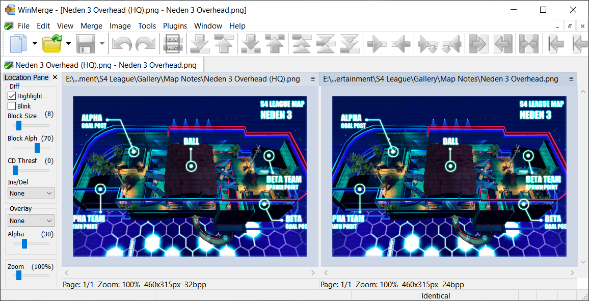 WinMerge showing the images are identical.