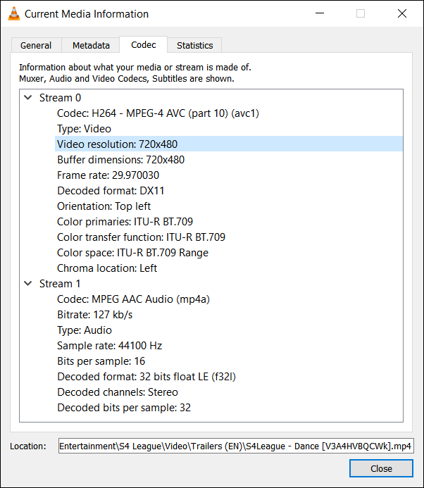 A screenshot of the 'Current Media Information' window that shows information about the codec used.