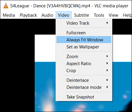 A screenshot of the video opened in VLC showing the context menu with mouse hovering over 'Always Fit Window' option.