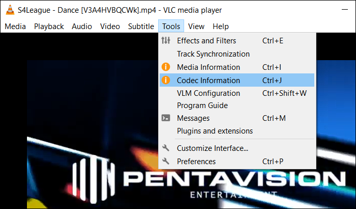 A screenshot of the video opened in VLC showing a context menu from menu bar with mouse hovering over 'Codec Information'.