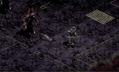 An animated GIF of Diablo 1 gameplay showing the player fighting monsters in a dark dungeon.