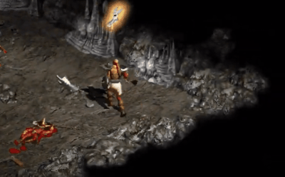 An animated GIF of Diablo 2 gameplay showing the player fighting monsters in a dark dungeon.