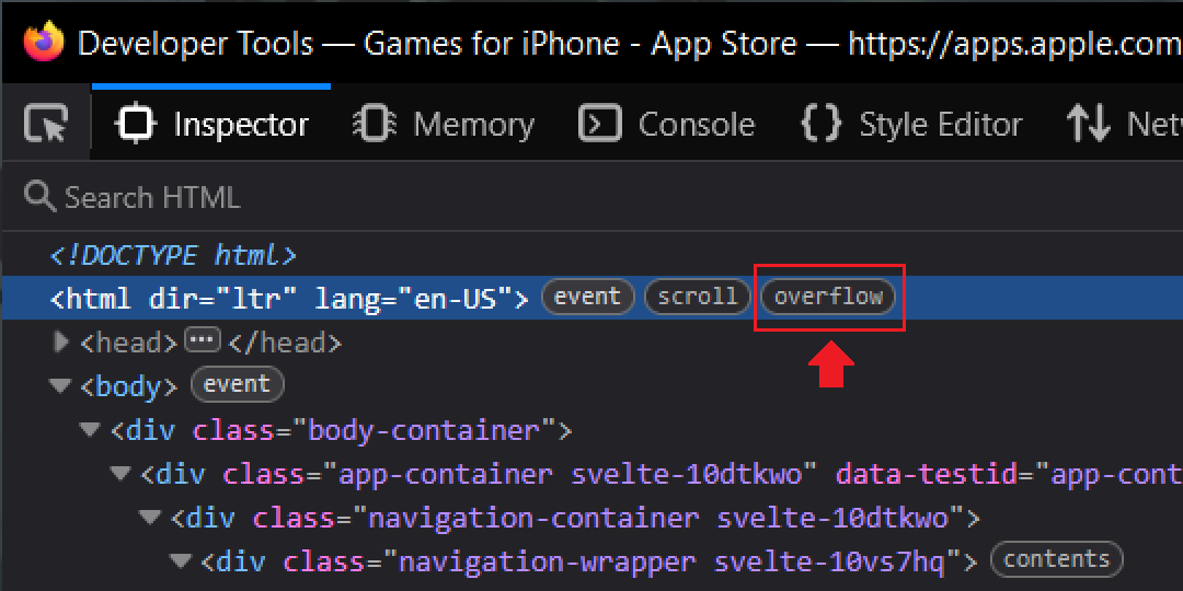 Screenshot of the Firefox DevTools with a red arrow pointing to one of DOM entries with an overflow tag.