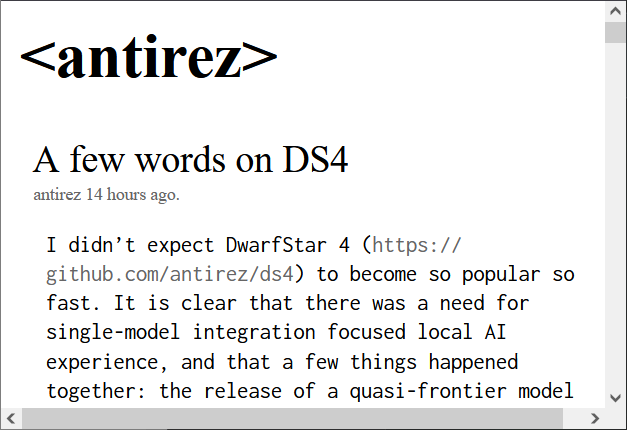 Screenshot of the antirez.com website with the overflow causing the horizontal bar to appear at the bottom.