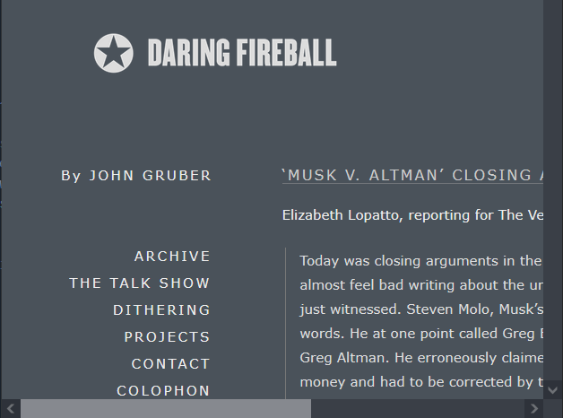 Screenshot of the DaringFireball.net website with the overflow causing the horizontal bar to appear at the bottom.