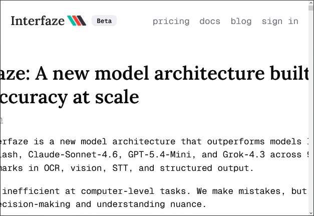 Screenshot of the Interfaze.ai website with the overflow causing the horizontal bar to appear at the bottom.