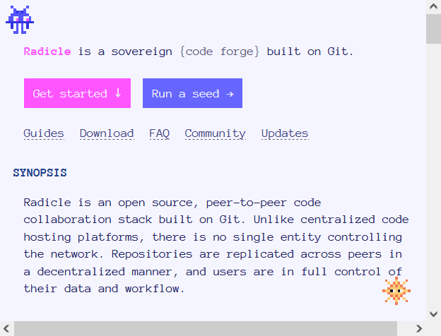 Screenshot of the radicle.dev website with the overflow causing the horizontal bar to appear at the bottom.